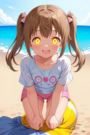 loli hypnotized, happy_face, yellow eyes, brown hair, front_view, twin_tails, beach, white shirt, pink short pants, crouched