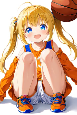 loli, happy_face, yellow hair, down_view, twin_tails, blue_eyes, basketball, orange shirt, white shorts, sitting_down