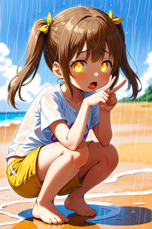 loli hypnotized, sad_face, yellow eyes, brown hair, side_view, twin_tails, rain beach, white shirt, yellow short pants, crouched, sticking_out_tongue, peace fingers