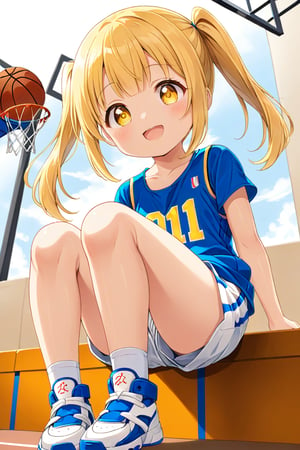 loli, happy_face, yellow hair, down_view, twin_tails, yellow_eyes, basketball, blue shirt, white shorts,  sitting_down