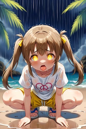 loli hypnotized, sad_face, yellow eyes, brown hair, front_view, twin_tails, rain beach, white shirt, yellow short pants, crouched, sticking_out_tongue, peace fingers