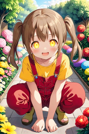 loli hypnotized, happy_face, yellow eyes, brown hair, front_view, twin_tails, flowers garden, yellow shirt, red overalls, squatting, 