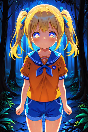 loli, sad face, front view, twin tails, yellow hair, night forest, scout , orange shirt, blue shorts, looking_at_viewer, heart_shaped_pupils, 