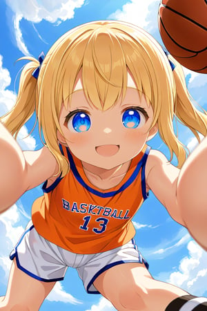 loli, happy_face, yellow hair, down_view, twin_tails, blue_eyes, basketball, orange shirt, white shorts, lying