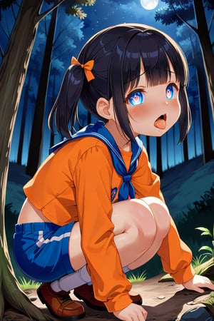 loli, cum face, sideview, twin tails, black hair, night forest, scout , orange shirt, blue shorts, looking_at_viewer, heart_shaped_pupils, sticking_out_tongue, squatting