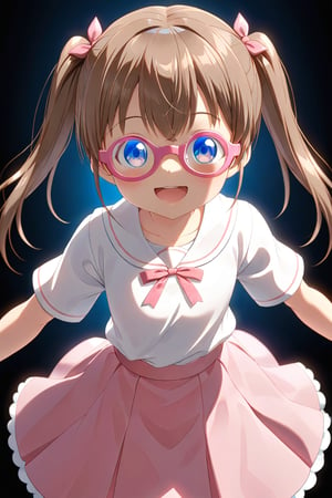 loli, brown hair, happy_face, front_view, twin_tails, blue_eyes, movie, white shirt, pink skirt, 3D_glasses