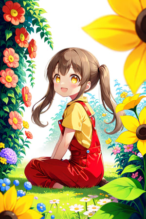 loli hypnotized, happy_face, yellow eyes, brown hair, side_view, twin_tails, flowers garden, yellow shirt, red overalls, sitting