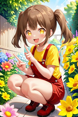 loli hypnotized, happy_face, yellow eyes, brown hair, side_view, twin_tails, flowers garden, yellow shirt, red overalls, squatting, sticking_out_tongue, peace fingers