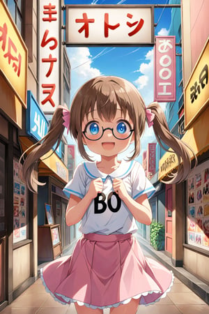 loli, brown hair, happy_face, front_view, twin_tails, blue_eyes, movie, white shirt, pink skirt, black glasses, signs