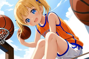 loli, happy_face, yellow hair, down_view, twin_tails, blue_eyes, basketball, orange shirt, white shorts, sitting_down