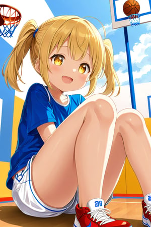 loli, happy_face, yellow hair, down_view, twin_tails, yellow_eyes, basketball, blue shirt, white shorts,  sitting_down