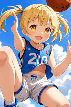 loli, happy_face, yellow hair, down_view, twin_tails, yellow_eyes, basketball, blue shirt, white shorts, jumping