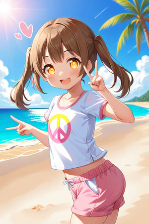 loli hypnotized, happy_face, yellow eyes, brown hair, side_view, twin_tails, beach, white shirt, pink short pants, peace fingers