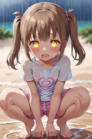 loli hypnotized, sad_face, yellow eyes, brown hair, looking_at_you, twin_tails, rain beach, white shirt, pink short pants, squatting, sticking_out_tongue, 