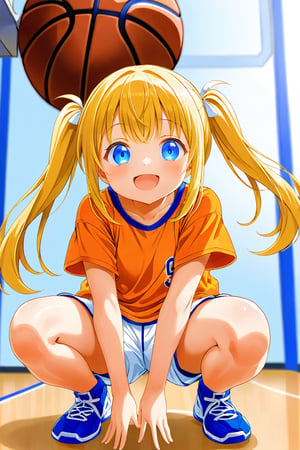 loli, happy_face, yellow hair, down_view, twin_tails, blue_eyes, basketball, orange shirt, white shorts, squatting