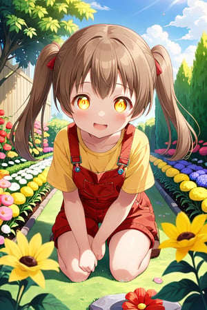 loli hypnotized, happy_face, yellow eyes, brown hair, front_view, twin_tails, flowers garden, yellow shirt, red overalls, crouched