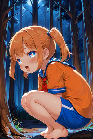 loli, cum face, sideview, twin tails, orange hair, night forest, scout , orange shirt, blue shorts, looking_at_viewer, heart_shaped_pupils, sticking_out_tongue, squatting