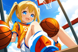 loli, happy_face, yellow hair, down_view, twin_tails, blue_eyes, basketball, orange shirt, white shorts, sitting_down