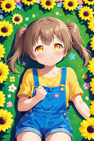 loli hypnotized, happy_face, yellow eyes, brown hair, front_view, twin_tails, flowers garden, yellow shirt, blue overalls, lying
