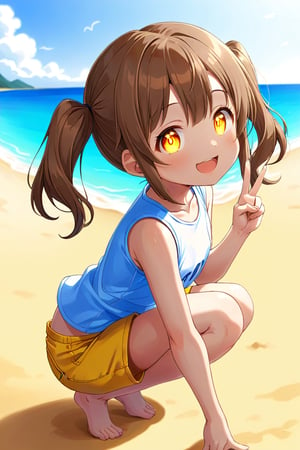 loli hypnotized, happy_face, yellow eyes, brown hair, side_view, twin_tails, beach, white shirt, yellow short pants, crouched, peace fingers