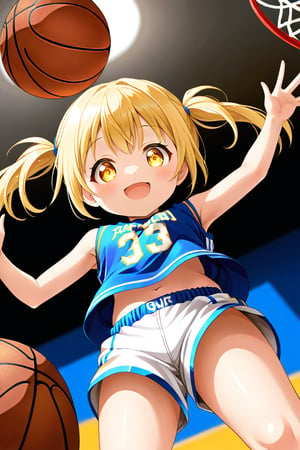 loli, happy_face, yellow hair, down_view, twin_tails, yellow_eyes, basketball, blue shirt, white shorts,