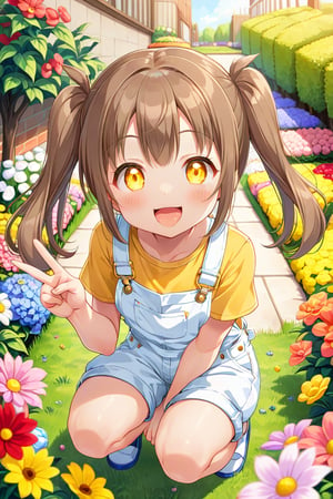 loli hypnotized, happy_face, yellow eyes, brown hair, front_view, twin_tails, flowers garden, yellow shirt, white overalls, squatting, peace fingers, sticking_out_tongue