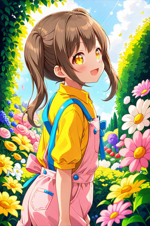 loli hypnotized, happy_face, yellow eyes, brown hair, side_view, twin_tails, flowers garden, yellow shirt, pink overalls, 