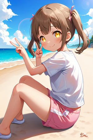 loli hypnotized, happy_face, yellow eyes, brown hair, side_view, twin_tails, beach, white shirt, pink short pants, sitting, peace fingers
