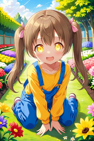 loli hypnotized, happy_face, yellow eyes, brown hair, front_view, twin_tails, flowers garden, yellow shirt, blue overalls, crouched
