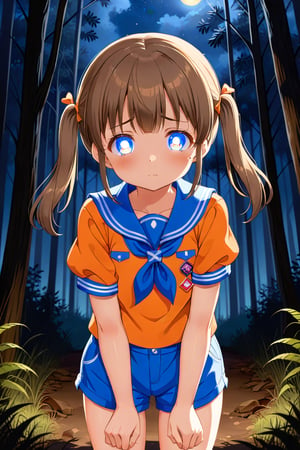 loli, sad face, front view, twin tails, brown hair, night forest, scout , orange shirt, blue shorts, looking_at_viewer, heart_shaped_pupils, 