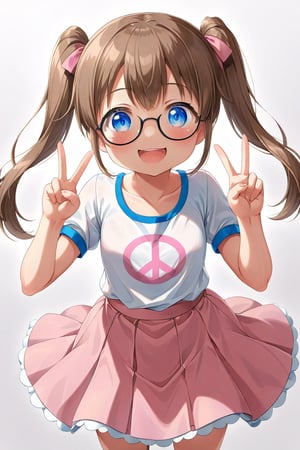 loli, brown hair, happy_face, front_view, twin_tails, blue_eyes, movie, white shirt, pink skirt, black glasses, peace_gesture