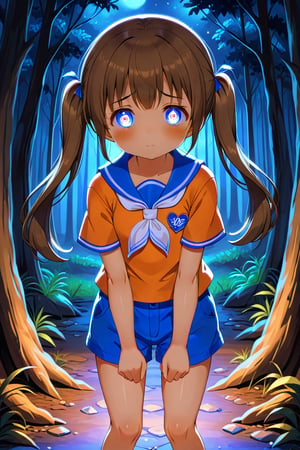 loli, sad face, front view, twin tails, brown hair, night forest, scout , orange shirt, blue shorts, looking_at_viewer, heart_shaped_pupils, 