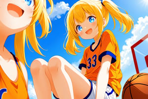 loli, happy_face, yellow hair, down_view, twin_tails, blue_eyes, basketball, orange shirt, white shorts, sitting_down