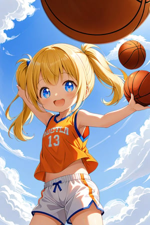 loli, happy_face, yellow hair, down_view, twin_tails, blue_eyes, basketball, orange shirt, white shorts, 