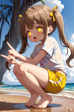 loli hypnotized, sad_face, yellow eyes, brown hair, side_view, twin_tails, rain beach, white shirt, yellow short pants, crouched, sticking_out_tongue, peace fingers