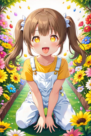 loli hypnotized, happy_face, yellow eyes, brown hair, front_view, twin_tails, flowers garden, yellow shirt, white overalls, crouched, peace fingers, sticking_out_tongue