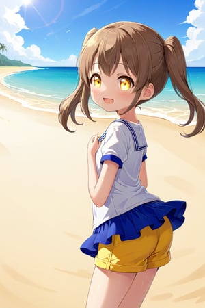 loli hypnotized, happy_face, yellow eyes, brown hair, side_view, twin_tails, beach, white shirt, yellow short pants, 