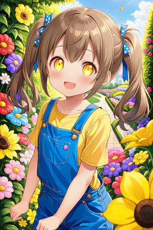 loli hypnotized, happy_face, yellow eyes, brown hair, looking_at_you, twin_tails, flowers garden, yellow shirt, blue overalls, 