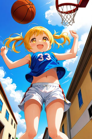 loli, happy_face, yellow hair, down_view, twin_tails, yellow_eyes, basketball, blue shirt, white shorts, jumping