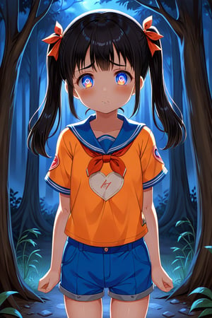 loli, sad face, front view, twin tails, black hair, night forest, scout , orange shirt, blue shorts, looking_at_viewer, heart_shaped_pupils, 