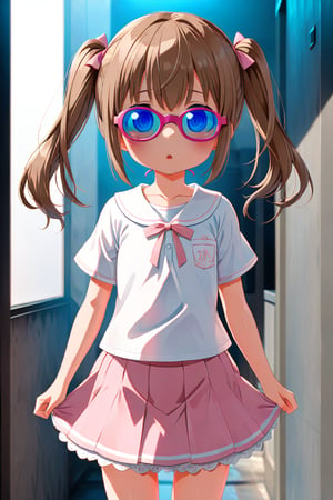 loli, brown hair, front_view, twin_tails, blue_eyes, movie, white shirt, pink skirt, 3D glasses