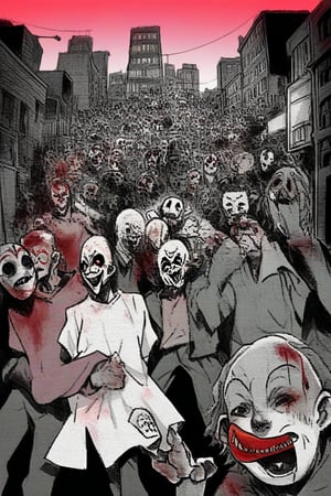 Please make me a picture of five killer clowns wearing shirts, the five clowns have just finished killing people, one of the clown's hands is holding the head of a bloody victim and the other is holding a very large machete, the background is a quiet city street, please make it in color clear