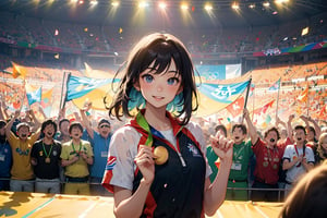 (Masterpiece, High Resolution, Anime Style:1.2), (Illustrated by Sakimichan:1.3), (1girl:1.2), (Olympic athlete:1.3), (holding golden medal:1.3), (triumphant smile:1.2), (athletic build:1.2), (detailed sports attire:1.2), (dynamic pose:1.2), (beautiful background:1.2), (vibrant stadium:1.2), (cheering crowd:1.2), (bright sunlight:1.2), (flags waving:1.2), (colorful confetti in the air:1.2), (lush greenery surrounding stadium:1.2)
,glowingdust,bokeh