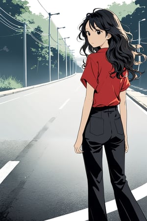 1girl, illustration, japanese, wavy_hair, black_hair, black_eyes, red_shirt, black_pants, relaxed expression, road, looking back