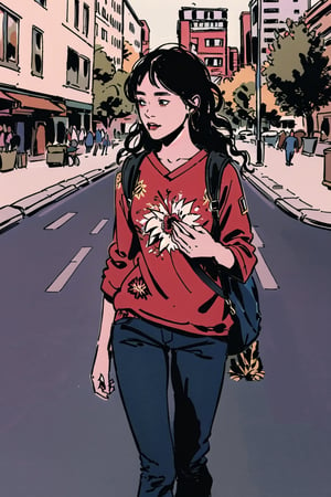 Comic style. A Japanese girl with black medium-length wavy hair, dressed in a casual red t shirt and black pants, with black backpack, with a relaxed expression, her name is Junko. Walking down the street,  facing away