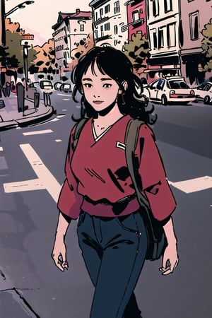 japanese girl, black hair medium lenght curly, black eyes, red t shirt, black pants, black backpack, relaxed expression, walking down the street