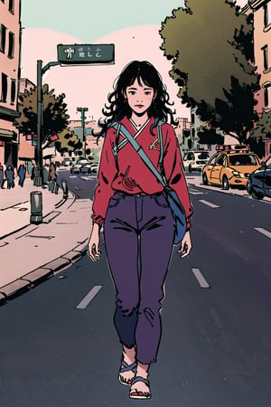 japanese girl, black hair medium lenght curly, black eyes, red t shirt, black pants, black backpack, relaxed expression, walking down the street