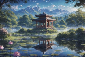 Realistic, clear sky, distant mountains surround, many lotus flowers in the lake, small pavilion in the distance, mist on the lake, green trees around the lake