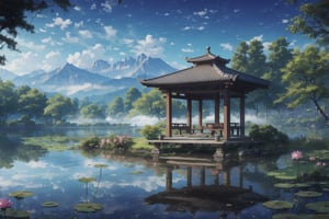 Realistic, clear sky, distant mountains surround, many lotus flowers in the lake, small pavilion in the distance, mist on the lake, green trees around the lake, small island in the middle of the lake,Expansive lake,The pavilion  on the right,More lotus