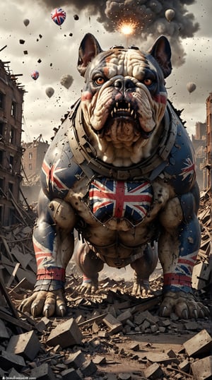 Generate an image of a terrifying beast representing Great Britain during World War II. This beast is a titanic, armored bulldog with Union Jack motifs on its metal-plated body. Its eyes glow with an unyielding spirit, and its growl reverberates through the smoky, war-torn landscape. The bulldog stands defiantly atop a rubble-strewn battlefield, with bombed-out buildings and barrage balloons in the background. The scene is enhanced with sparks, debris, and particles, adding to the sense of grit and determination. The image is captured from a bird's eye angle, highlighting the bulldog's indomitable stance amidst the ruins.